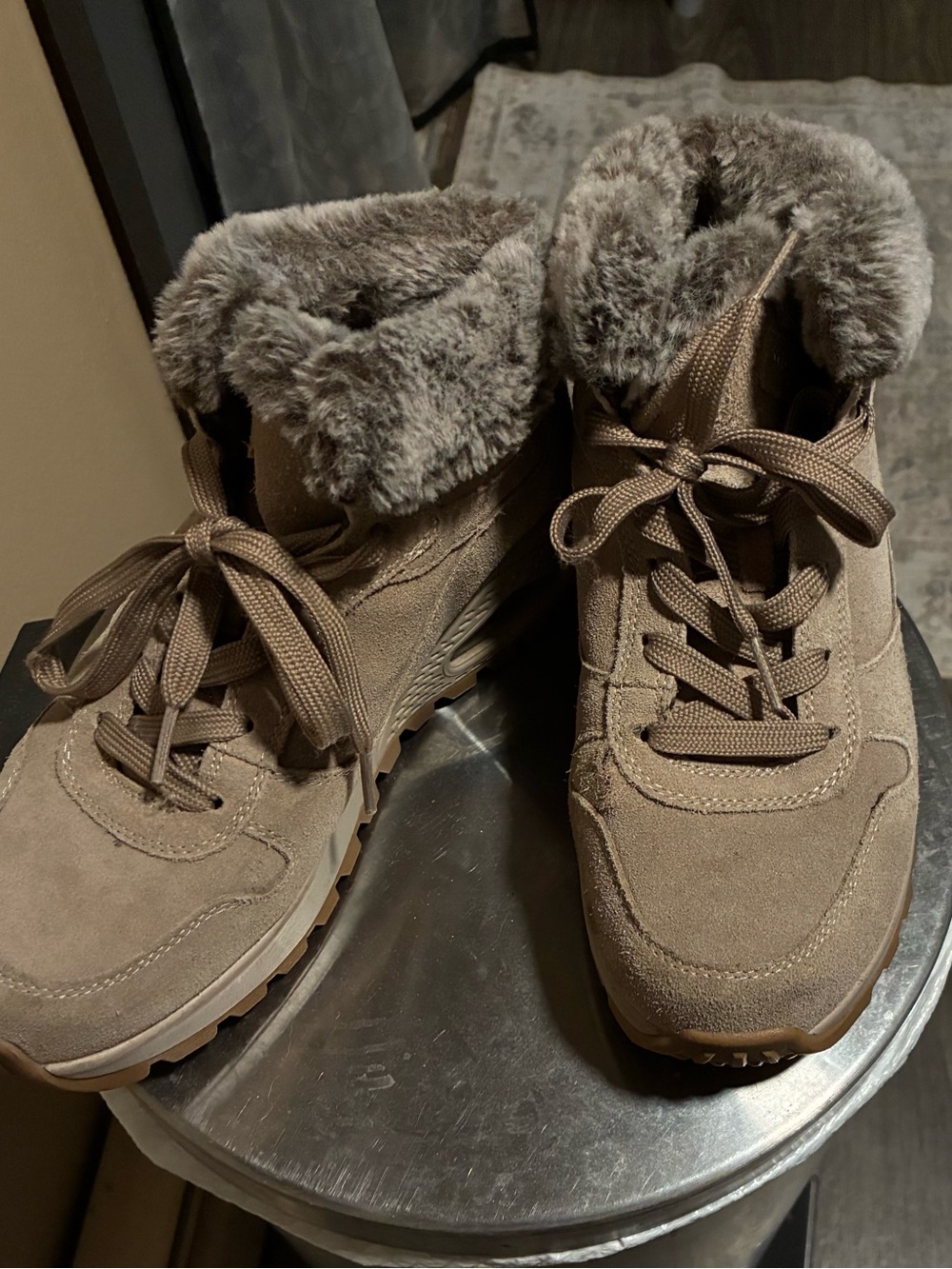 Skechers Taupe Lace-Up Faux-Suede Fur-Lined Ankle Booties
